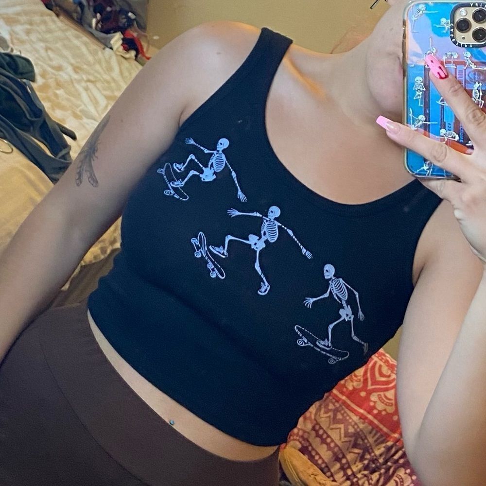 Skater Skeletons cropped black tank top